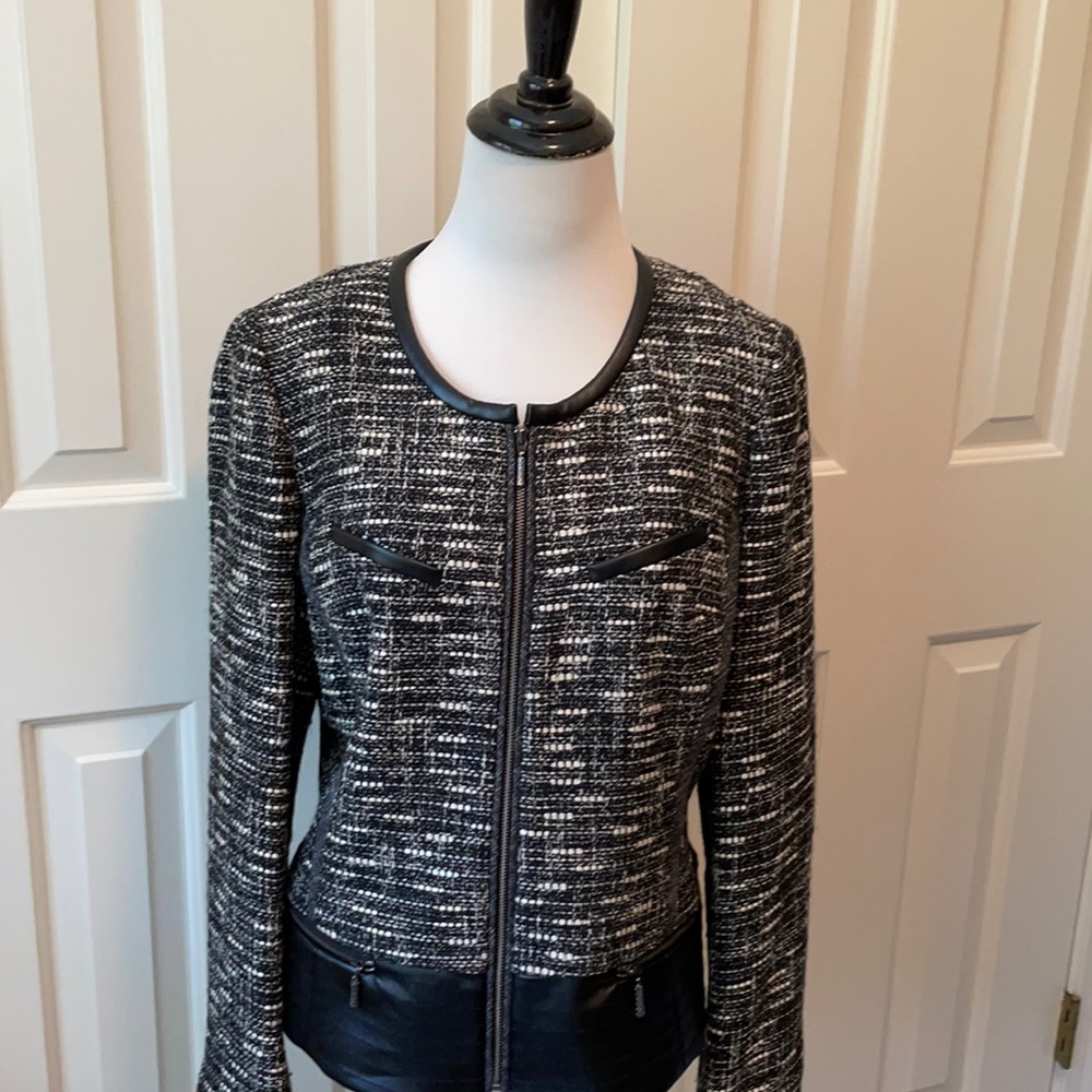 Etcetera black/white tweed zip front jacket with faux leather trim